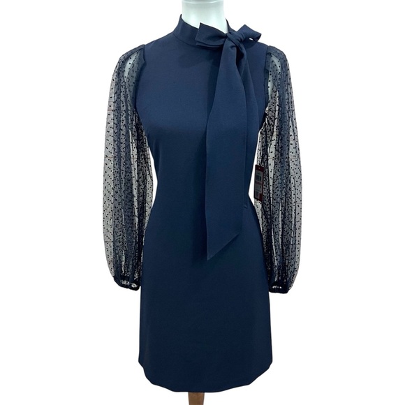 NWT Vince Camuto Bow Neck Sheer Puffy Polka Dot Long Sleeve Shift Dress - Picture 1 of 15